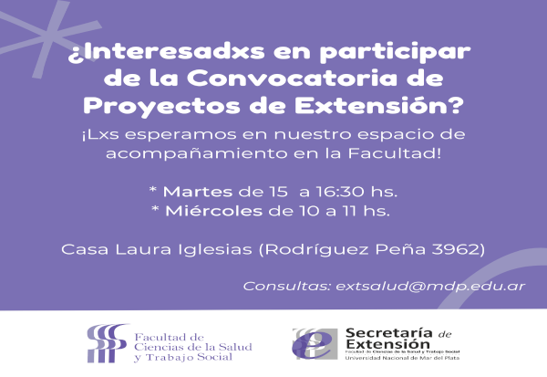 ¿Interesados/as en participar de la convocatoria de proyectos de extensión? Les esperamos en nuestro espacio de acompañamiento en la  casa "Laura Iglesias" Rodriguez Peña 3962, a partir del 29-08 los días martes de 15 a 16.30 y miércoles de 10 a 11 hs. Pueden realizar consultas a extsalud@mdp.edu.ar
